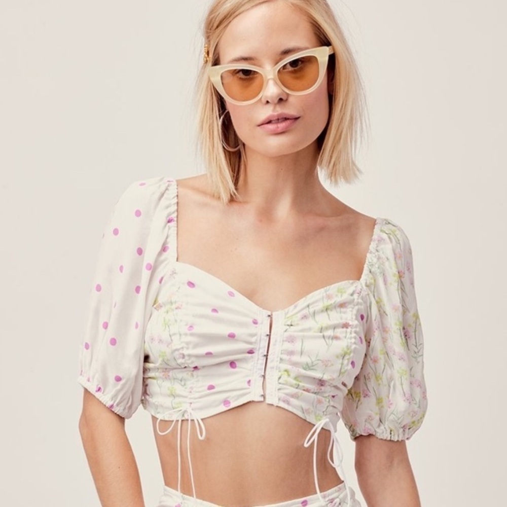 For Love & Lemons Strudel Floral Blouse Puff Sleeve Polka Dot Cropped Smocked LG